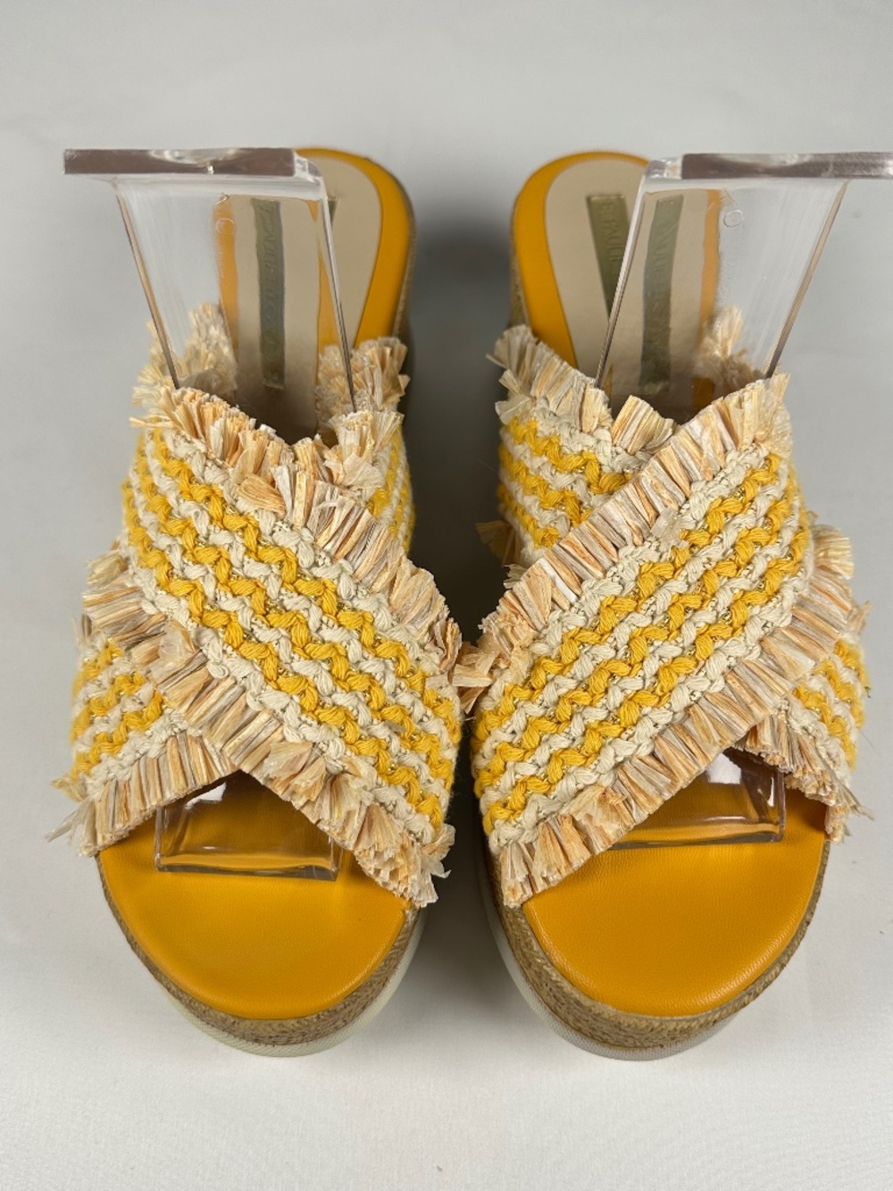 Boutique Yellow Raffia Platform Slides Fringe Crisscross Sandals Size 9.5-10